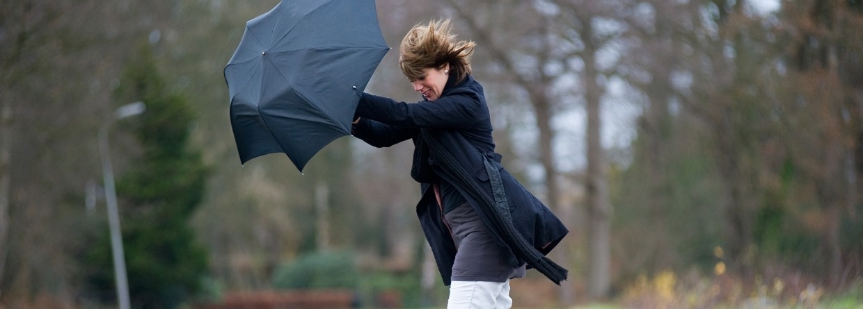 Vrouw met paraplu van fiets gevallen door storm