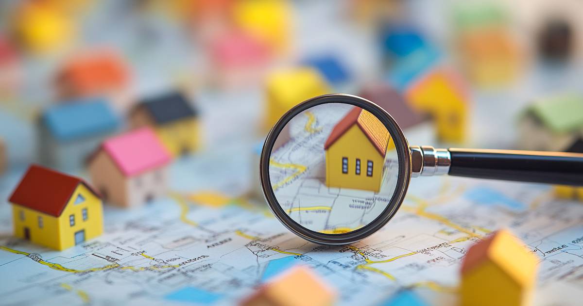 Een vergrootglas zoomt in op een huisje op een kaart met straten