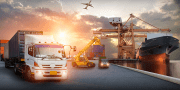 Logistiek; containers vervoert per vrachtwagen, boot, vliegtuig 